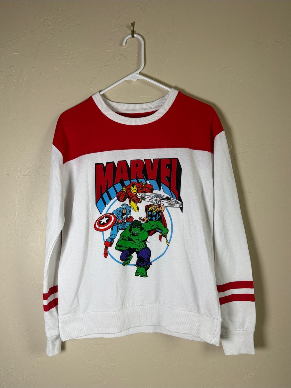 Marvel White and Red Crewneck Sweatshirt with Avengers Graphic - Picture 1 of 6